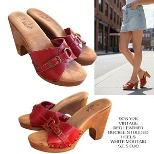 90'S Y2K VINTAGE RED LEATHER STUDDED BUCKLE WOODEN HEELS SANDALS SIZE 5 EUC.